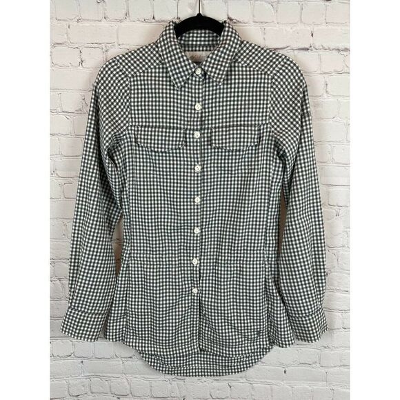 COLUMBIA white gray gingham high low logo pockets button down shirt top size XS - Picture 1 of 10